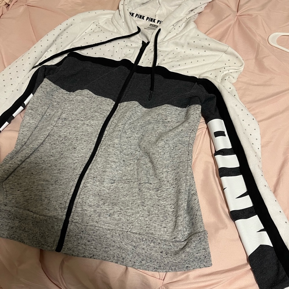Pink Zip Up gray white and rhinestone